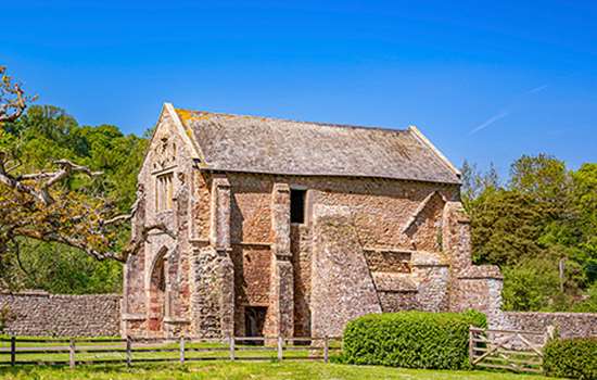 An old abbey surrounded by grass